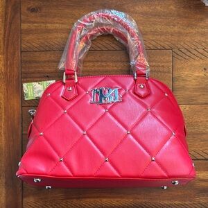 Badgley Mischka Red Quilted Handbag with Silver Accents
